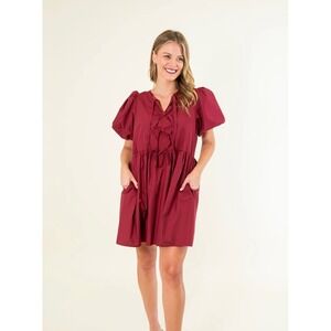 Entro Babydoll Mini Dress Women Medium Burgundy NWT Puff Sleeve Bow Front Boho